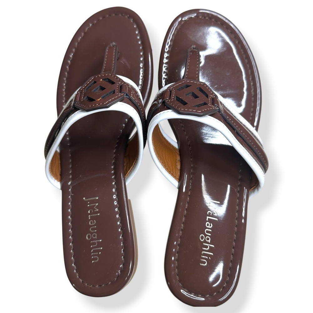 J.McLaughlin Leslie Thong Sandals Patent Leather Brown White Preppy Women 7M - Picture 3 of 6